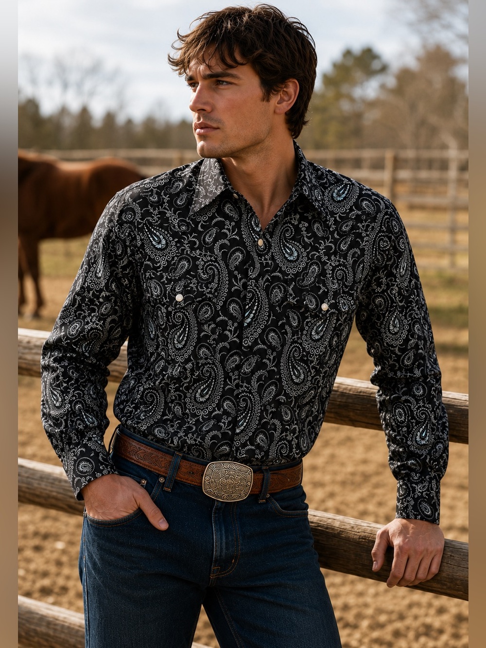 Panhandle Pearl Snap Western Shirt 2XL Black Paisley Cowboy Rodeo Concert